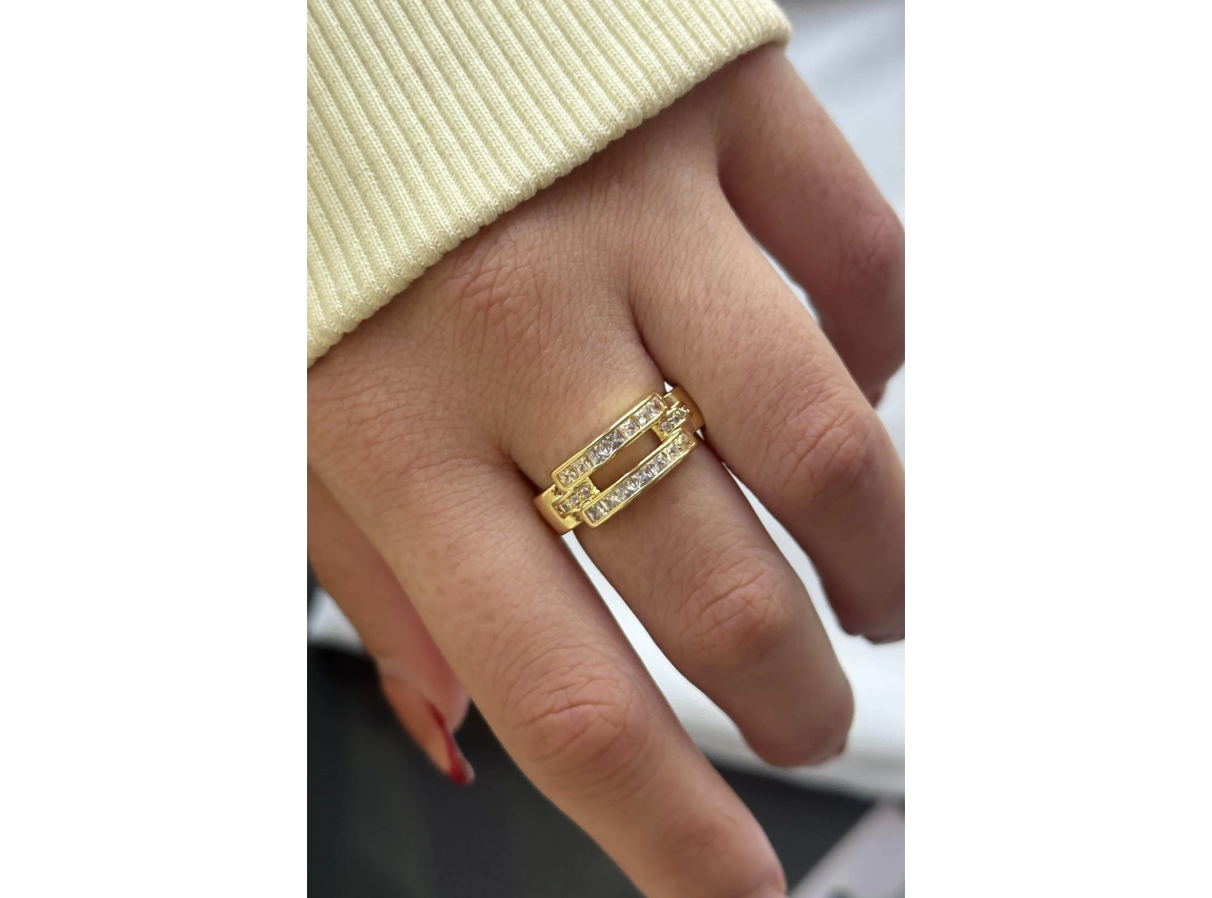 Altın Renk Taş Detaylı Ayarlanabilir Çelik Yüzük