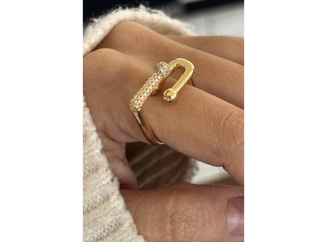 Altın Renk Taş Detaylı Ayarlanabilir Çelik Yüzük