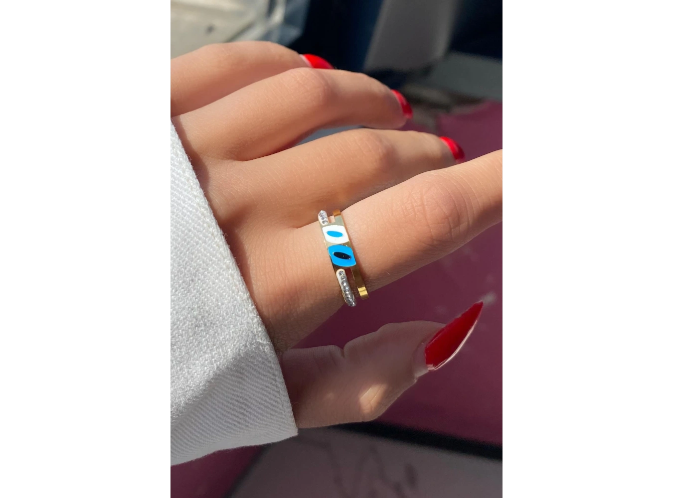 Altın Renk Taş Detaylı Ayarlanabilir Çelik Yüzük