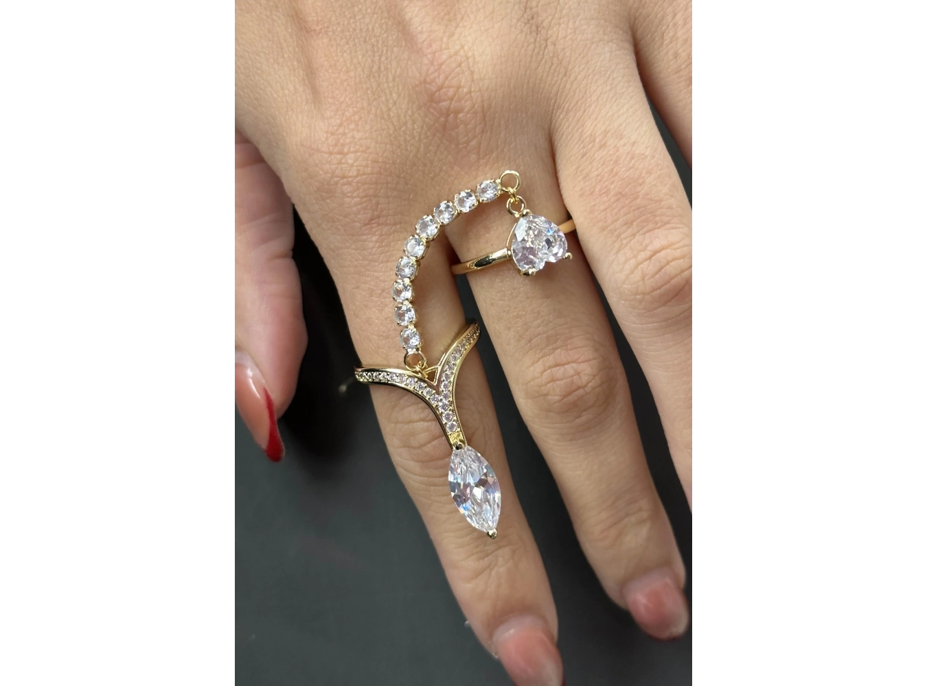 Altın Renk Taş Detaylı Ayarlanabilir İkili Çelik Yüzük