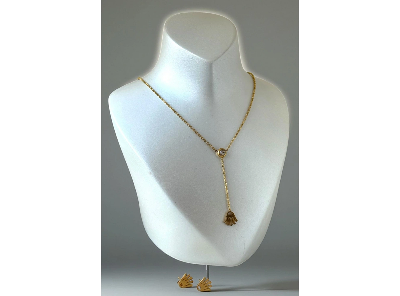 Altın Renk Taş Detaylı Çelik Küpe Kolye Set