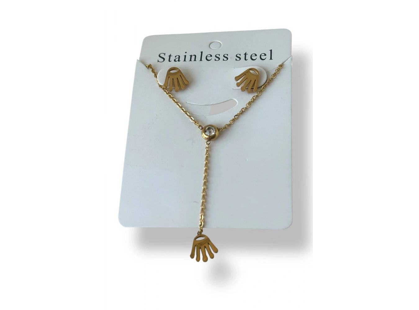 Altın Renk Taş Detaylı Çelik Küpe Kolye Set