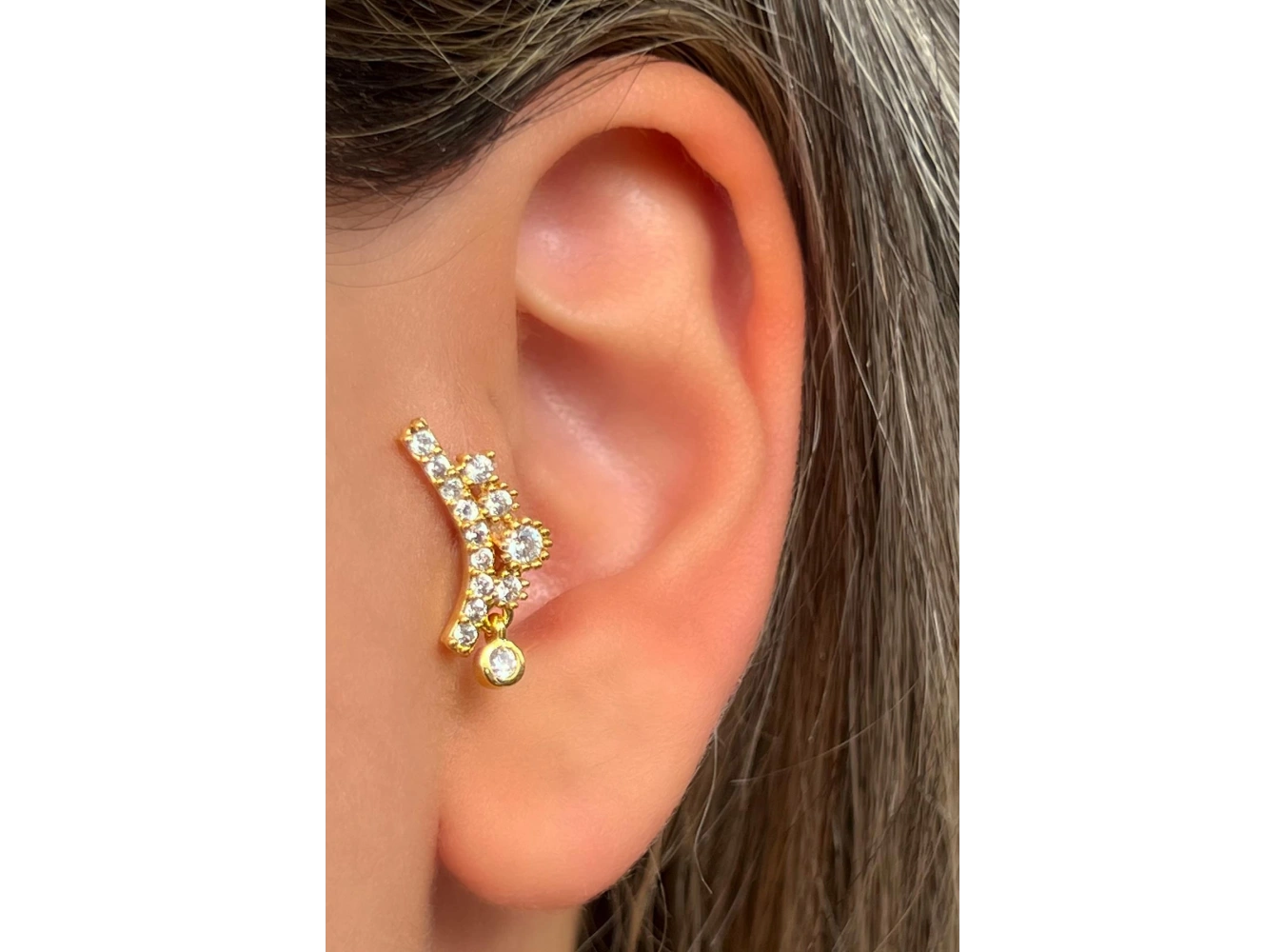 Altın Renk Taş Detaylı Çelik Tragus/Kıkırdak Küpe/Piercing (Tek)
