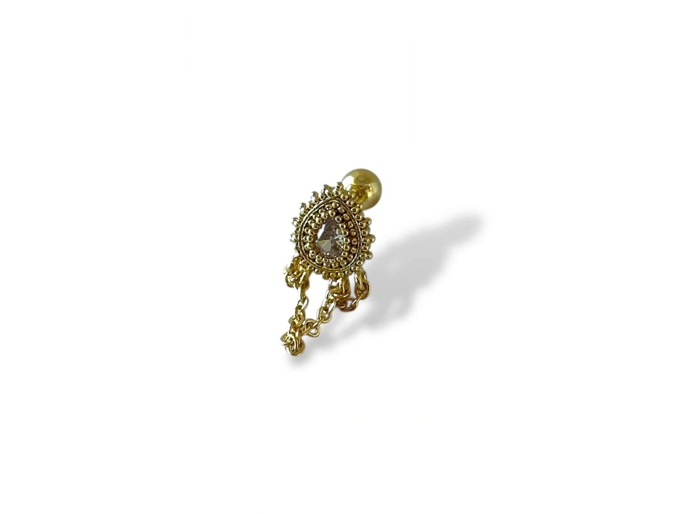 Altın Renk Taş Detaylı Çelik Tragus/Kıkırdak Küpe/Piercing (Tek)