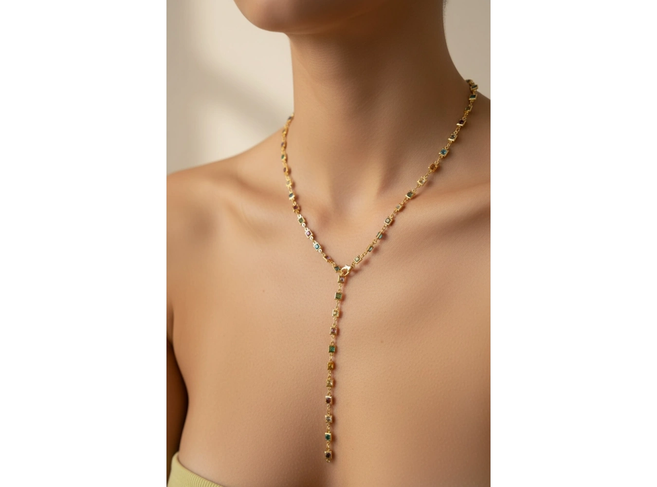 Altın Renk Taş Detaylı Çelik Y Kolye