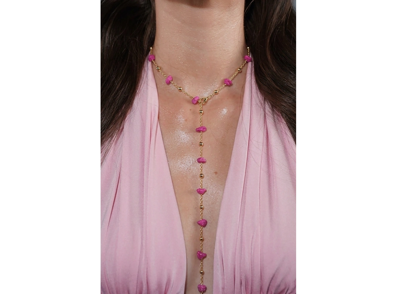 Altın Renk Taş Detaylı Çelik Y Kolye