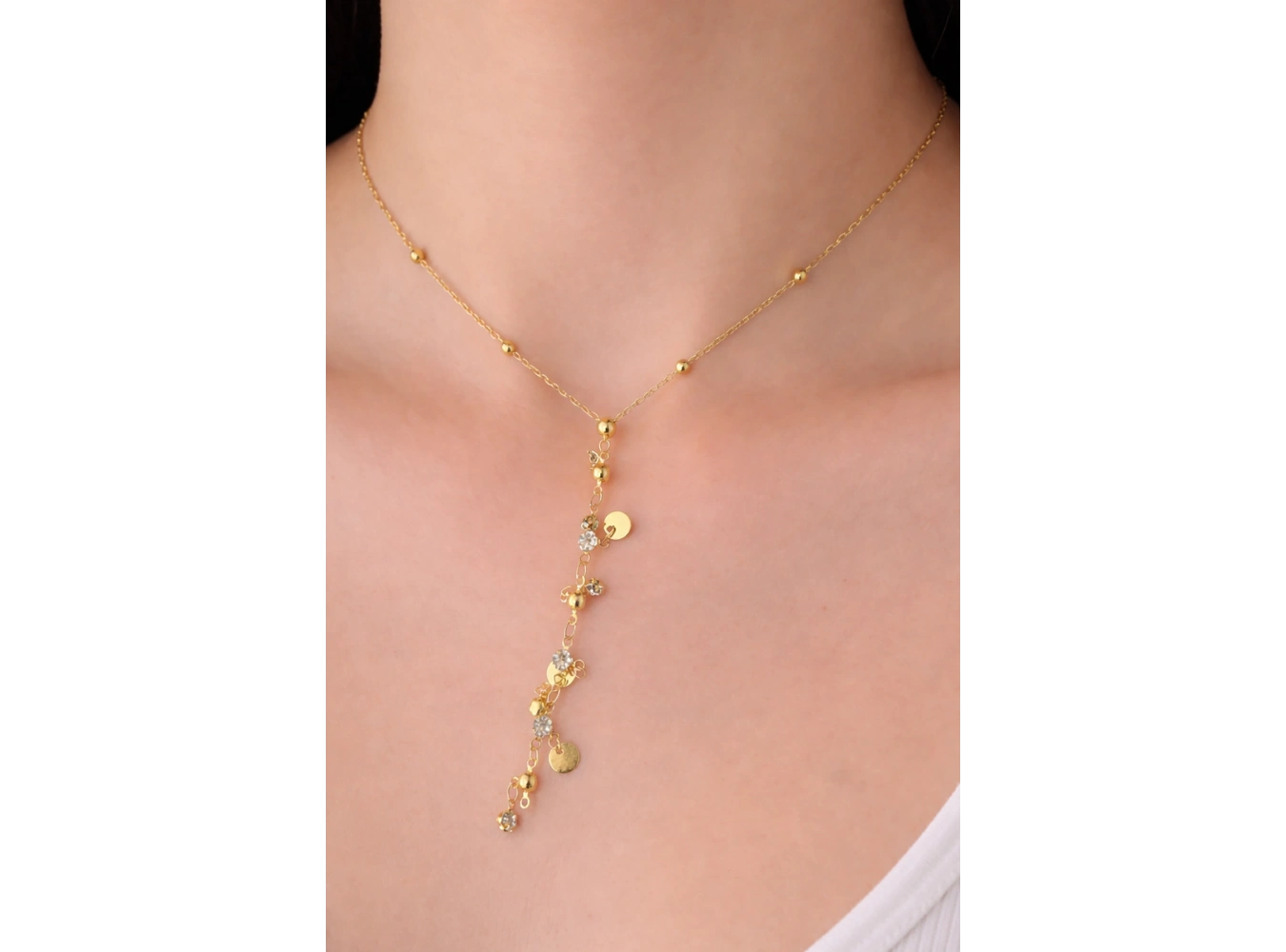 Altın Renk Taş Detaylı Çelik Y Kolye