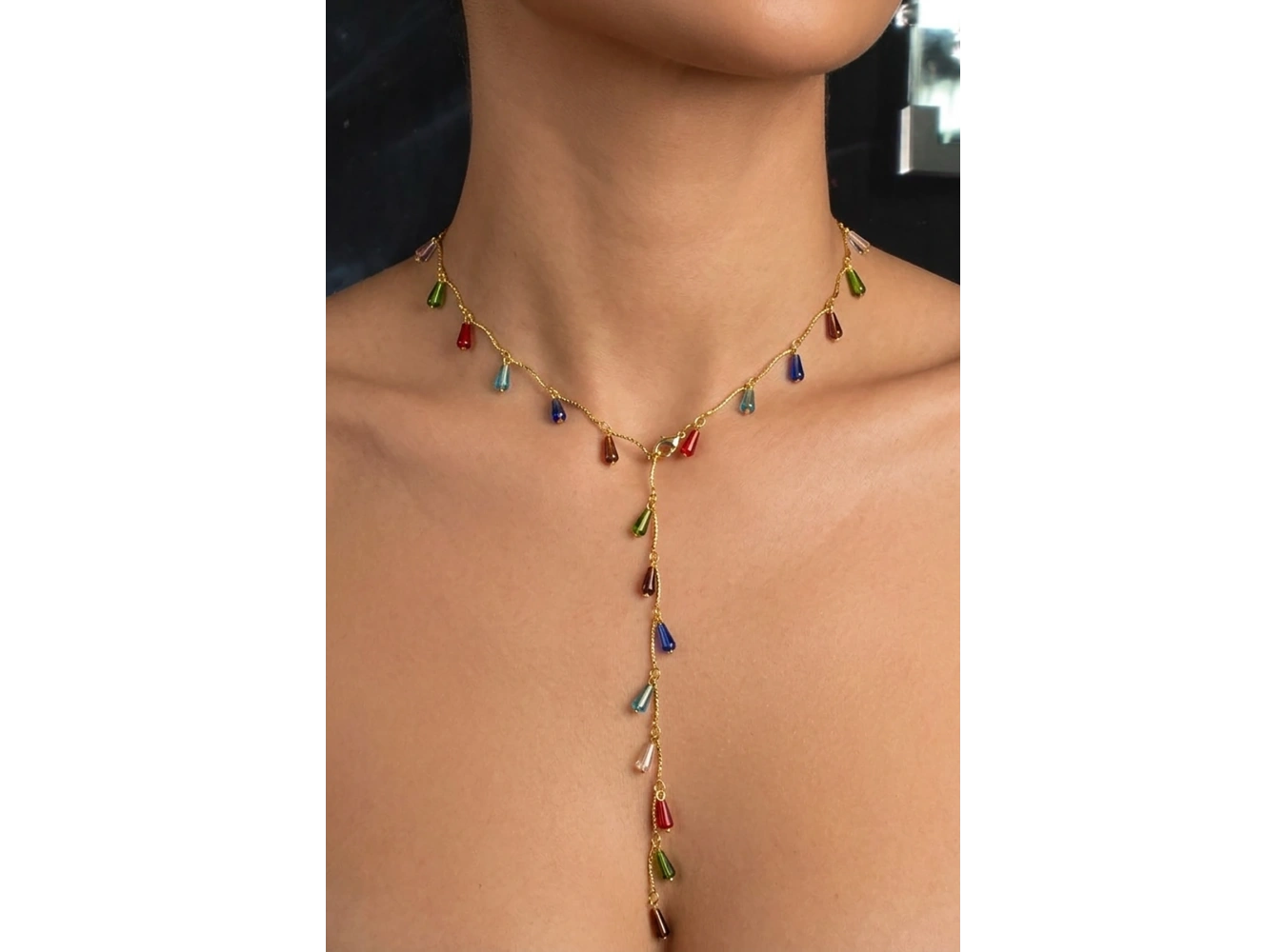 Altın Renk Taş Detaylı Çelik Y Kolye