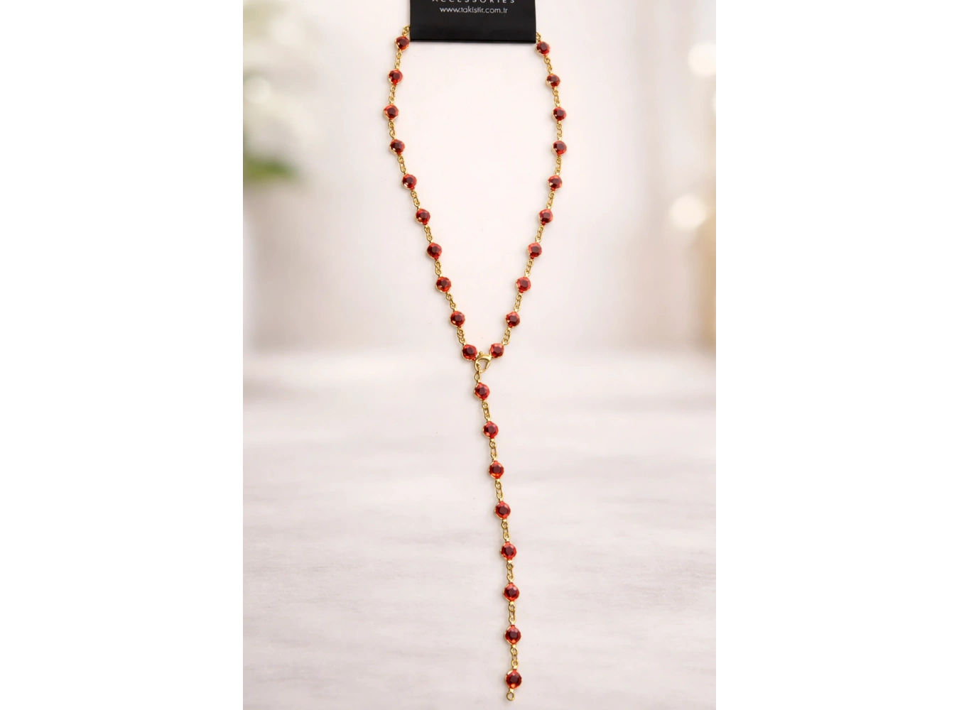 Altın Renk Taş Detaylı Çelik Y Kolye