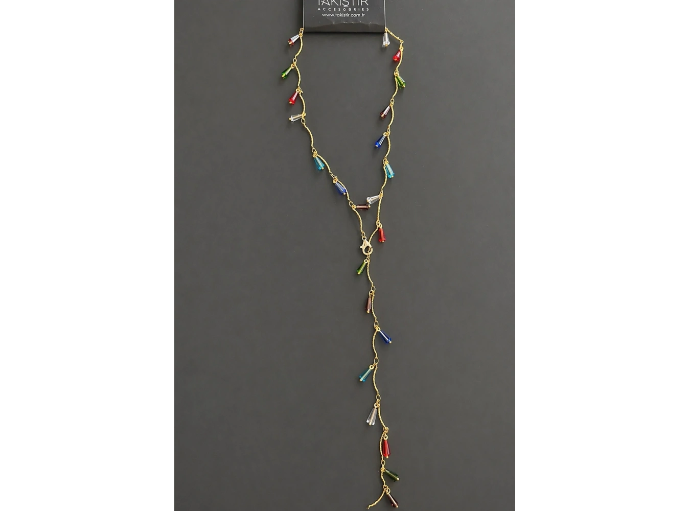 Altın Renk Taş Detaylı Çelik Y Kolye