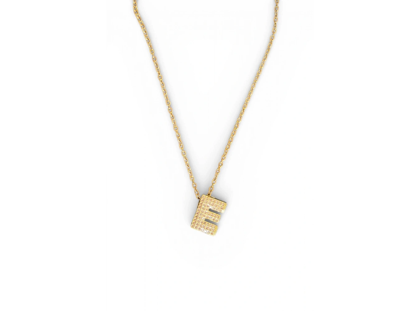 Altın Renk Taş Detaylı E Harfli Çelik Kolye