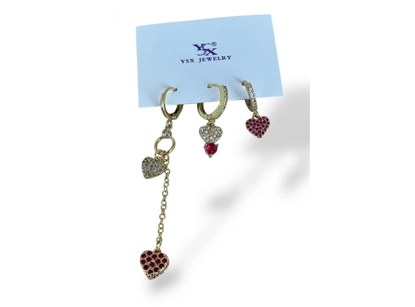 Altın Renk Taş Detaylı Kalp Figürlü Taş Detaylı 6lı YSX Küpe Set