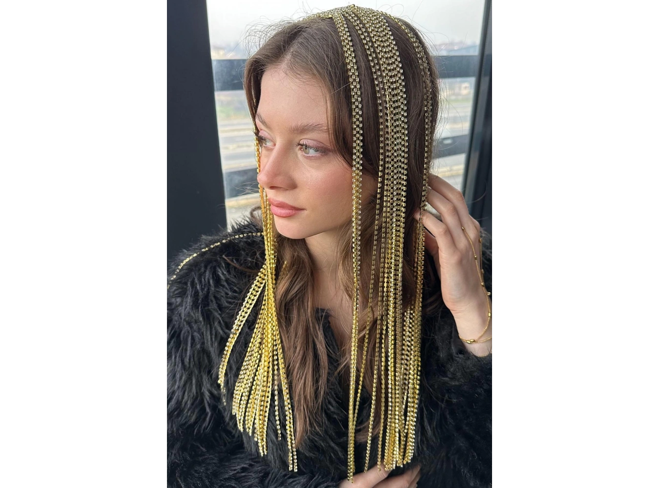 Altın Renk Taş Detaylı Saç Aksesuarı/Kına Aksesuarı