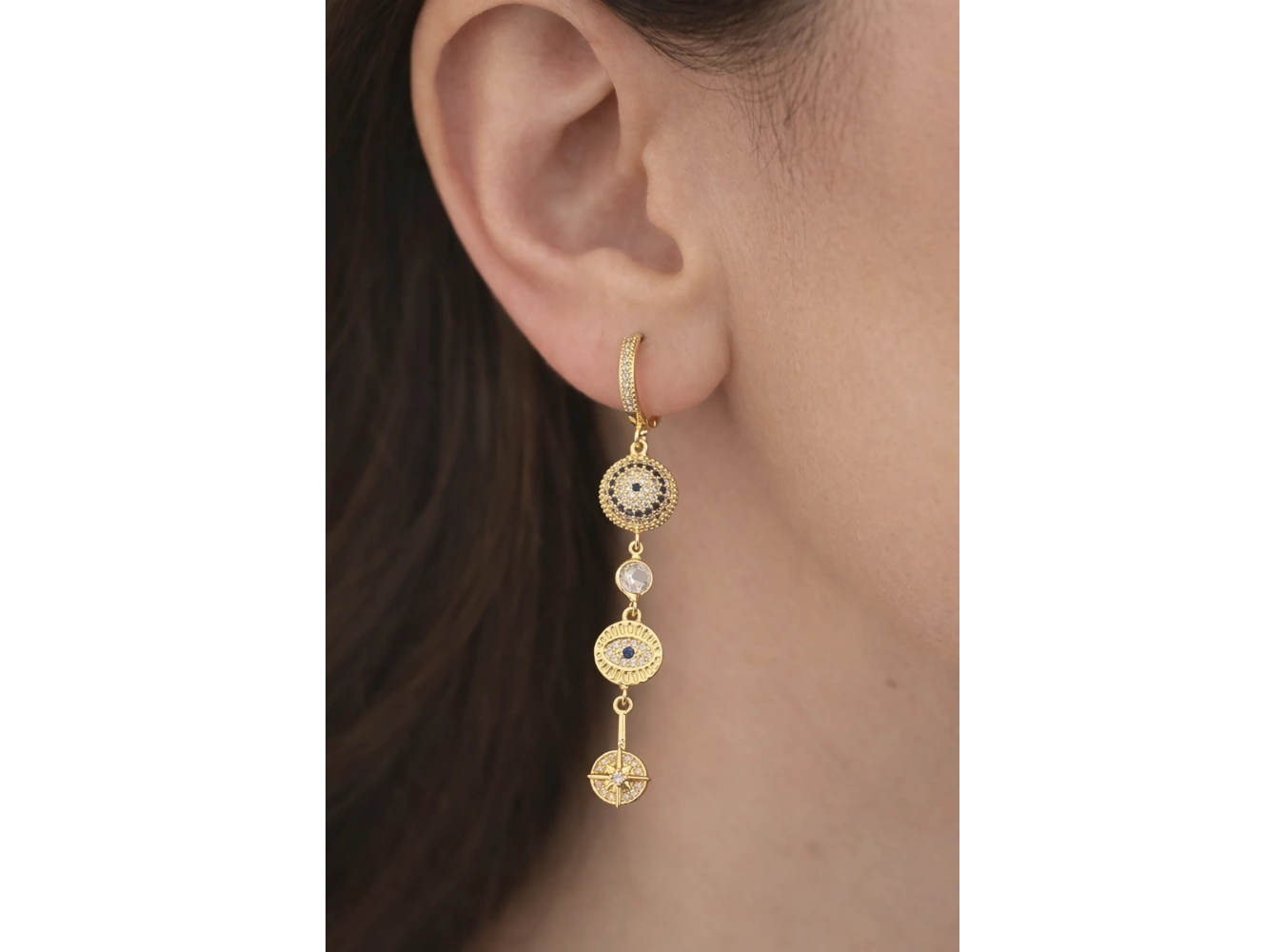 Altın Renk Taş Detaylı Sallantılı 14K Altın Kaplama Küpe (Çift)