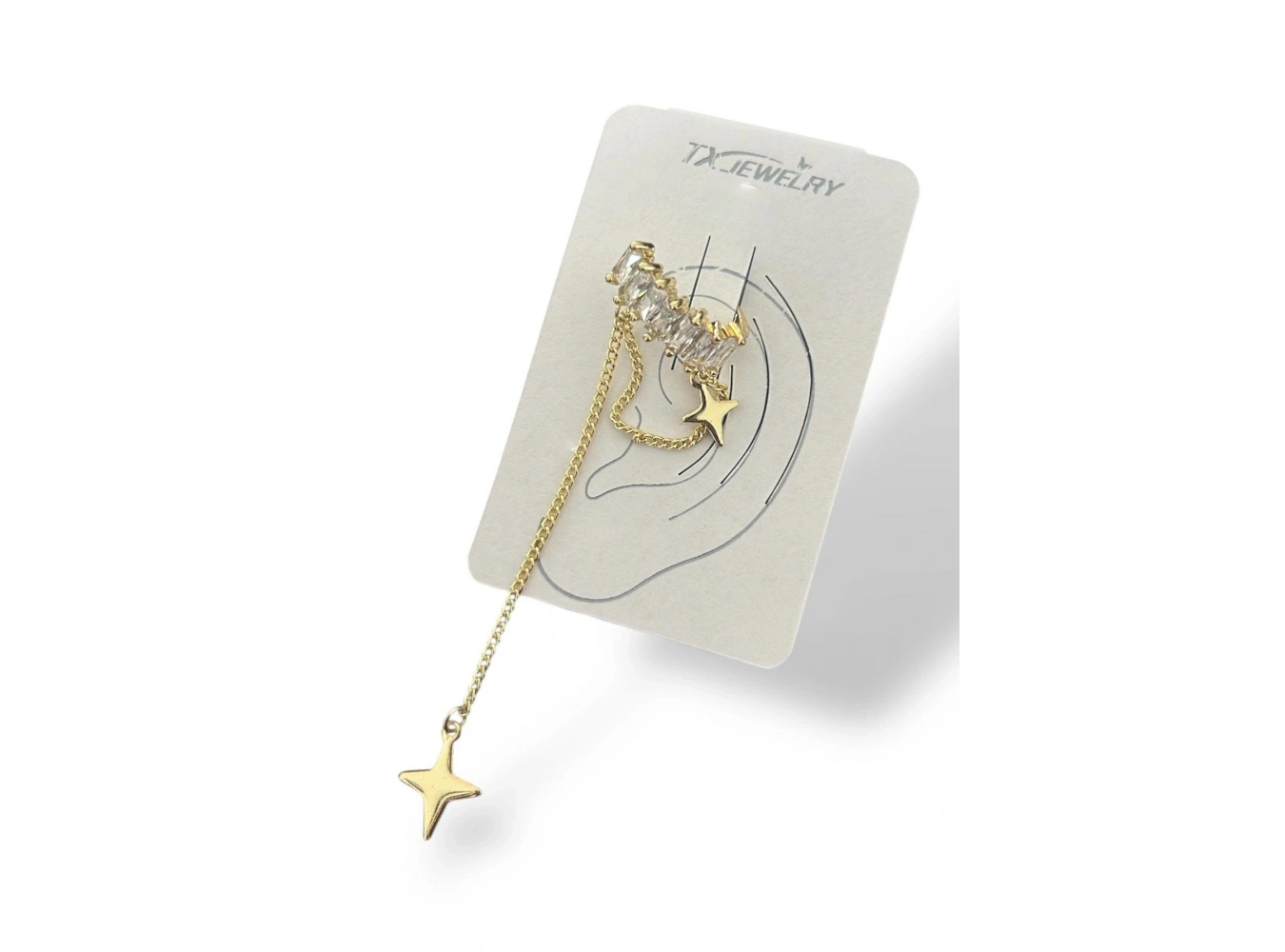 Altın Renk Taş Detaylı Sallantılı 14K Altın Kaplama TX Ear Cuff (Tek)