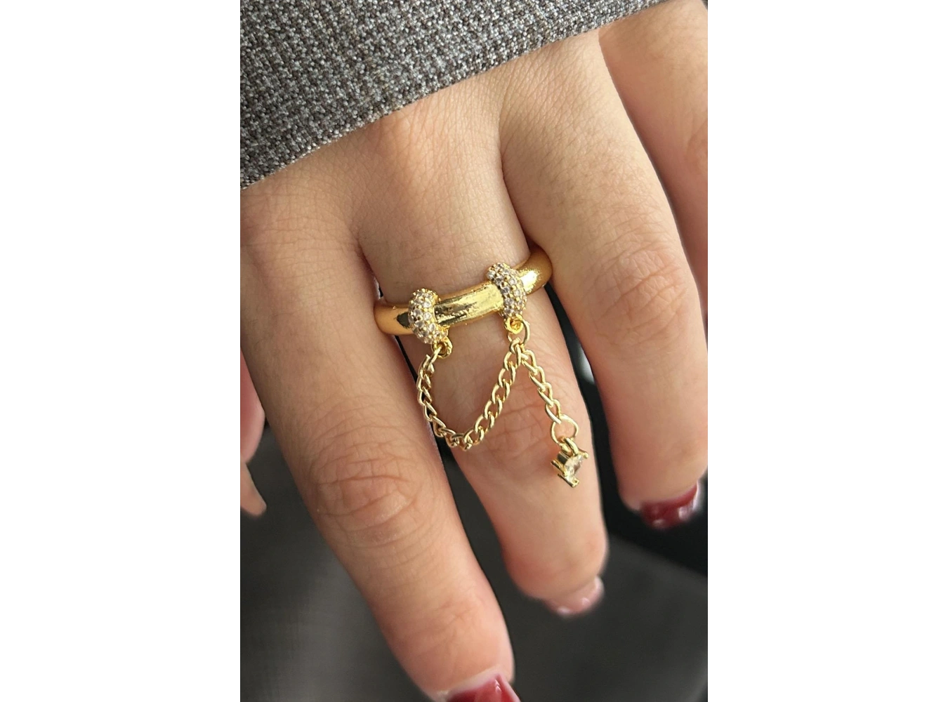 Altın Renk Taş Detaylı Sallantılı Ayarlanabilir Yüzük