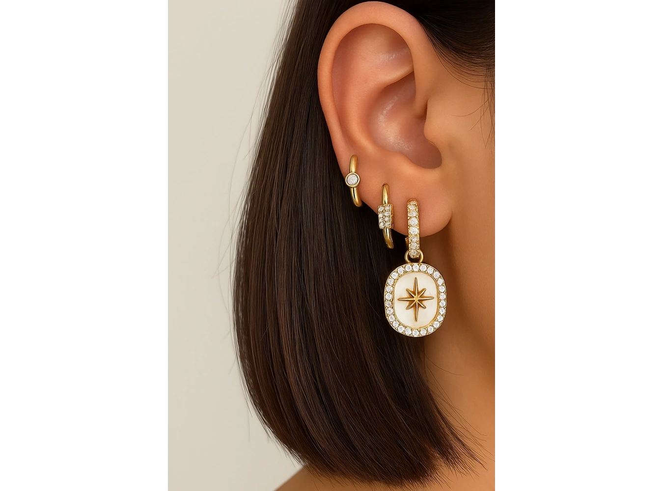 Altın Renk Taş Detaylı VİP 3lü YSX Küpe Set