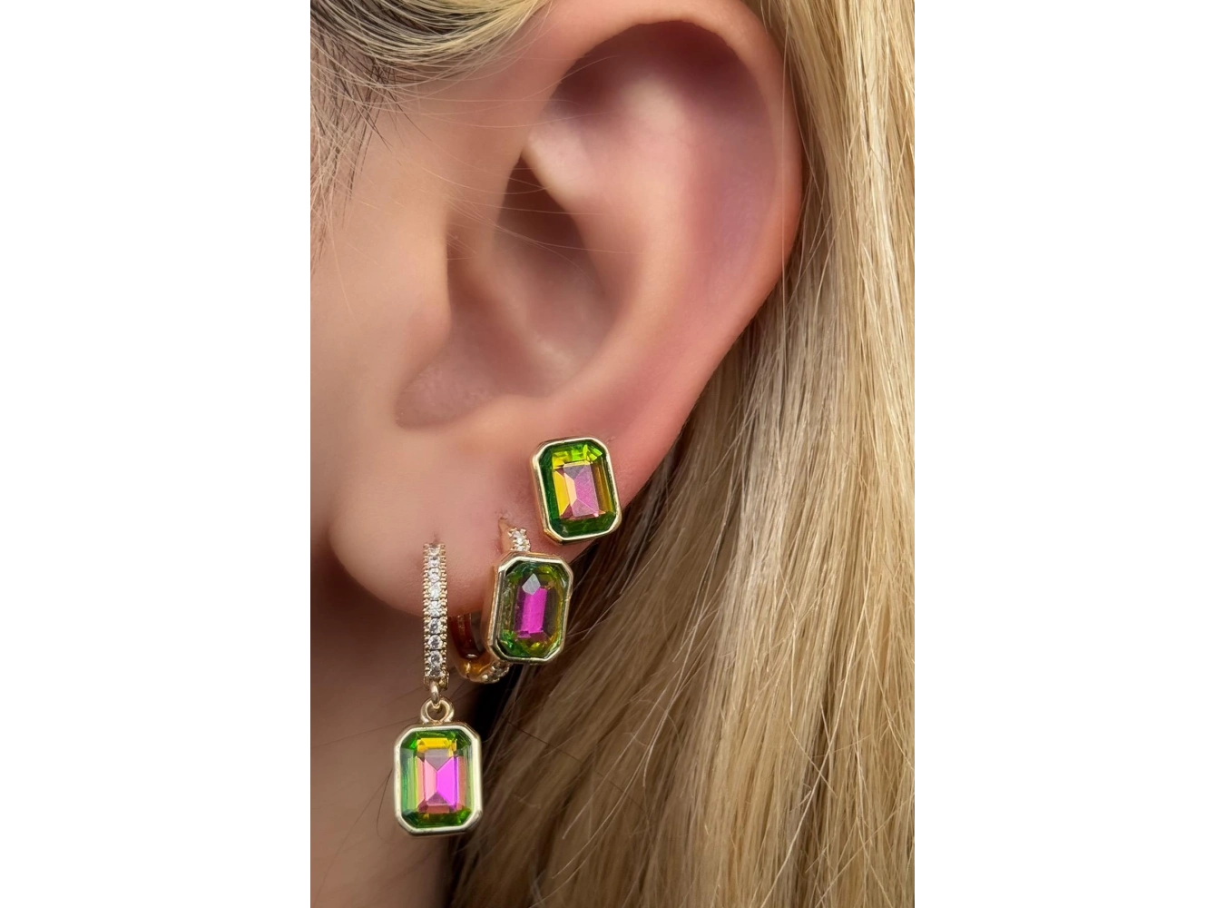 Altın Renk Taş Detaylı VİP 3lü YSX Küpe Set