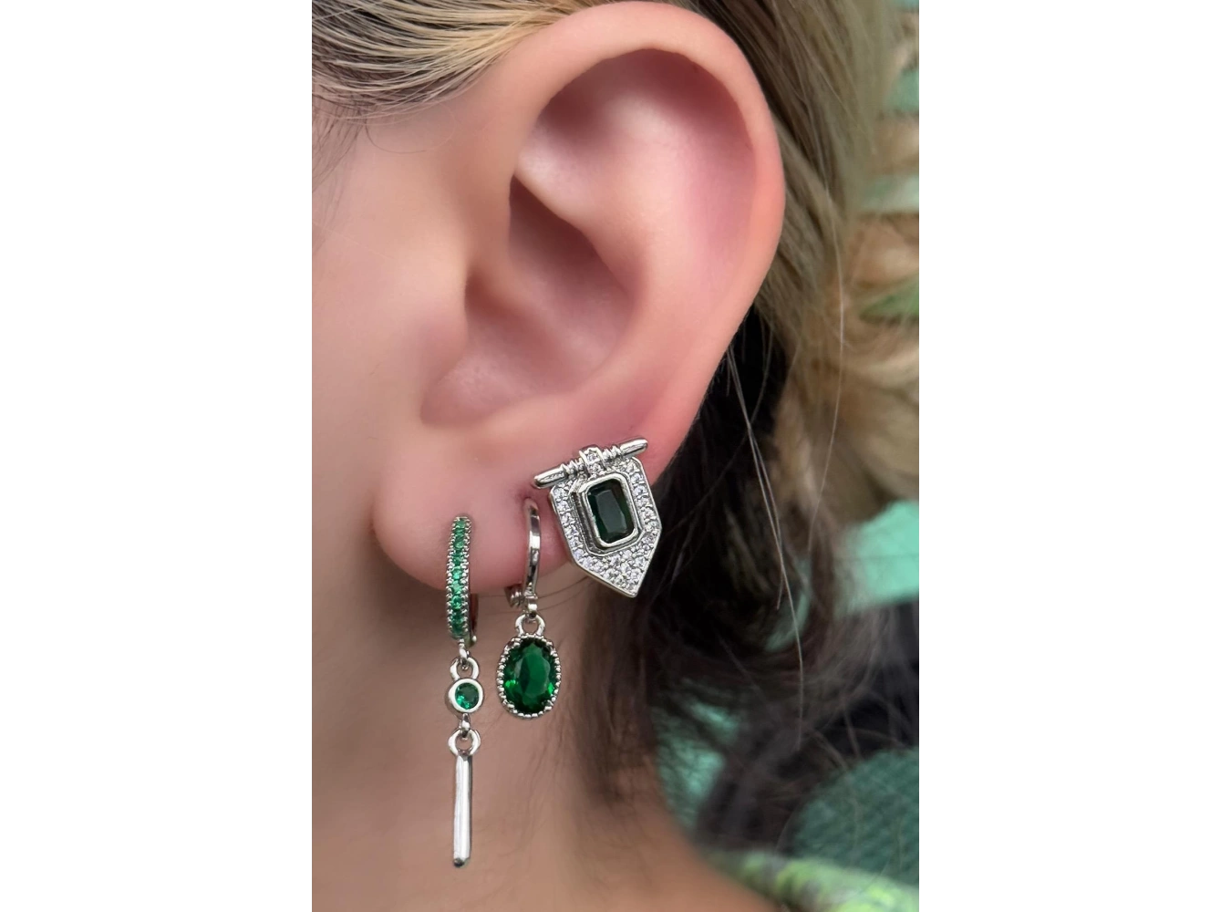 Gümüş Renk Taş Detaylı VİP 3lü YSX Küpe Set