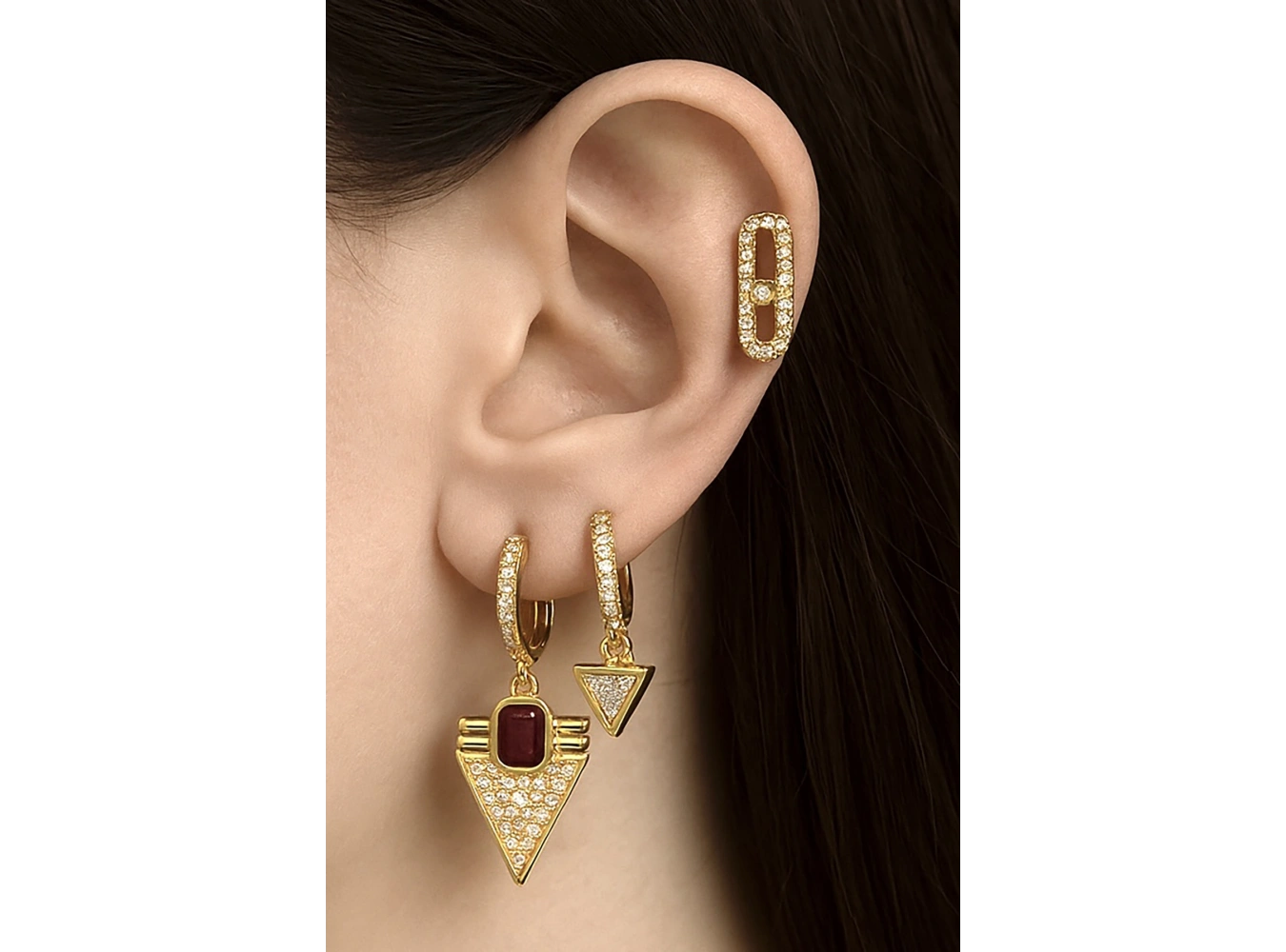 Altın Renk Taş Detaylı VİP 3lü YSX Küpe Set