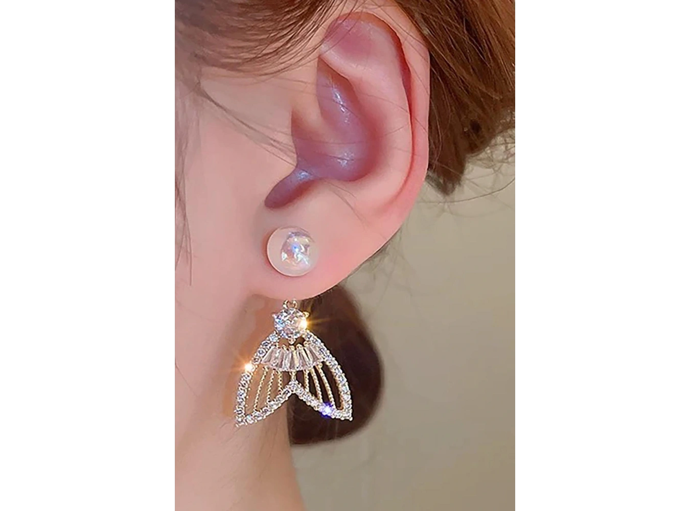 Altın Renk Taş Ve İnci Detaylı 14K Altın Kaplama Küpe (Çift)