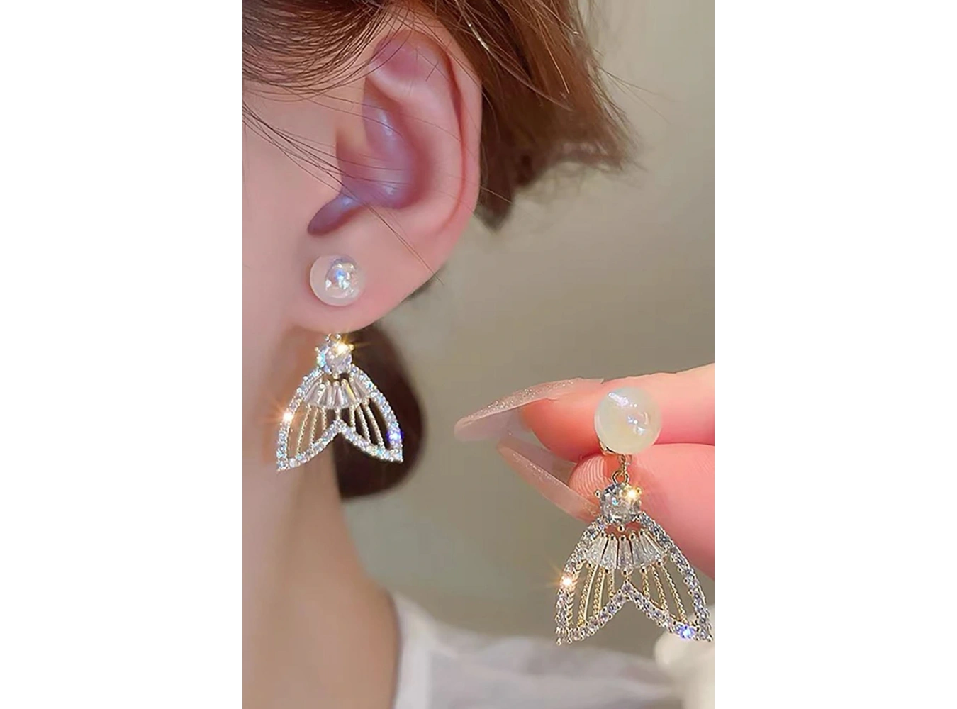 Altın Renk Taş Ve İnci Detaylı 14K Altın Kaplama Küpe (Çift)