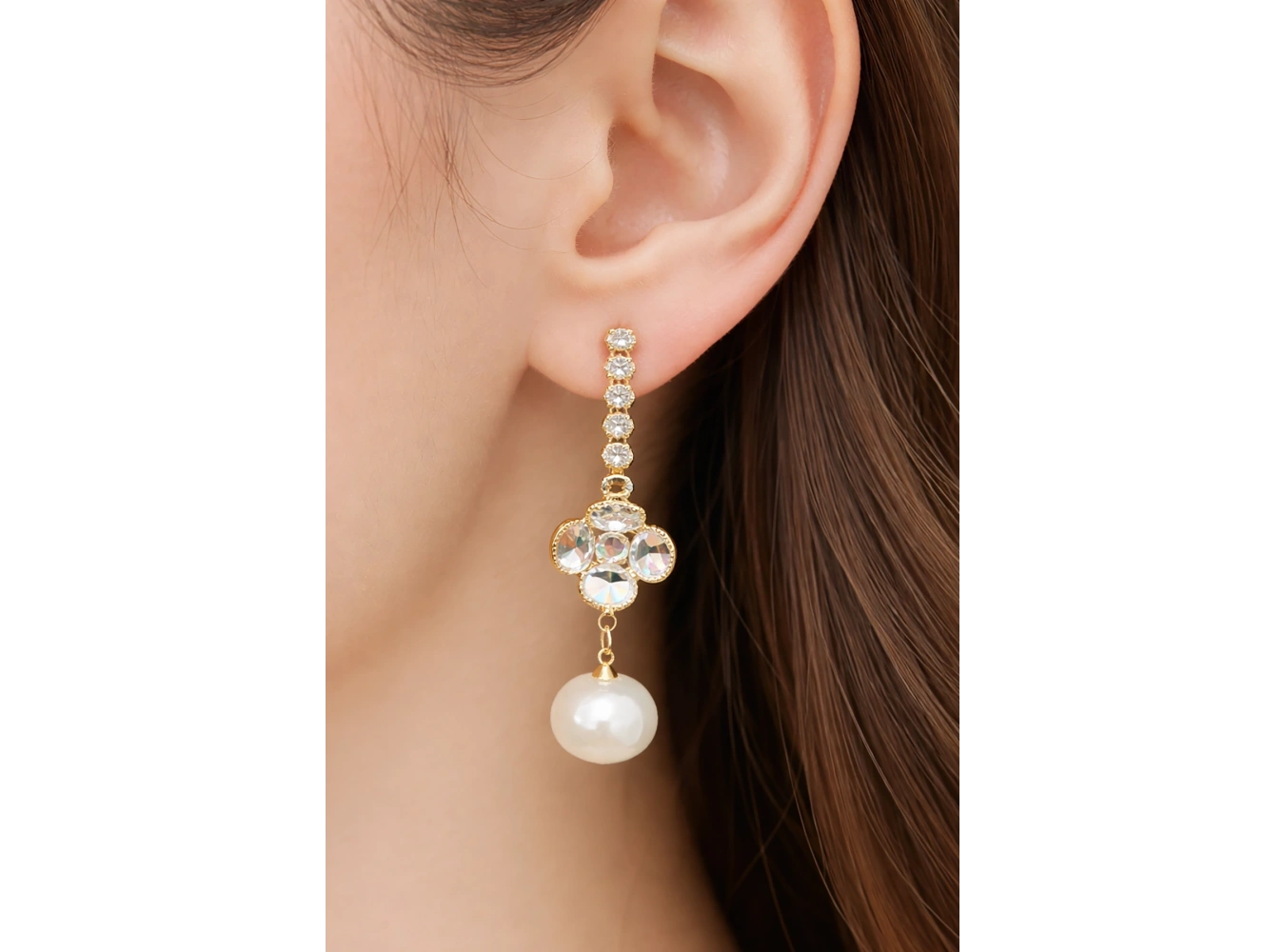 Altın Renk Taş Ve İnci Detaylı Küpe (Çift)