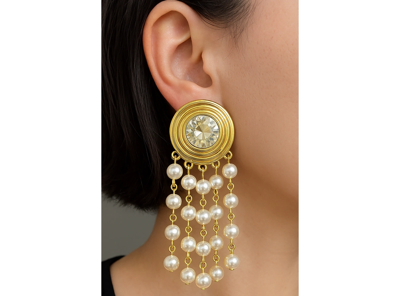 Altın Renk Taş Ve İnci Detaylı Tasarım Küpe (Çift)