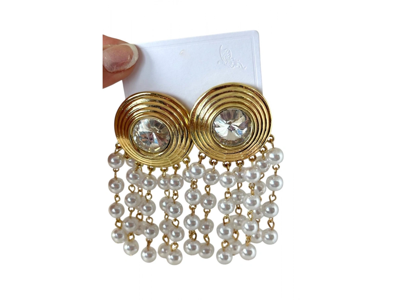 Altın Renk Taş Ve İnci Detaylı Tasarım Küpe (Çift)