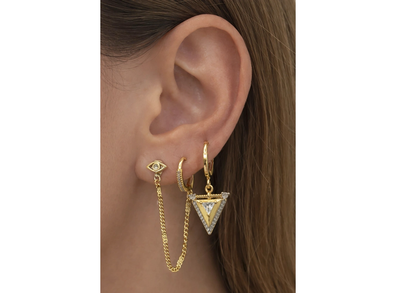 Altın Renk Taşlı 3lü Küpe Set