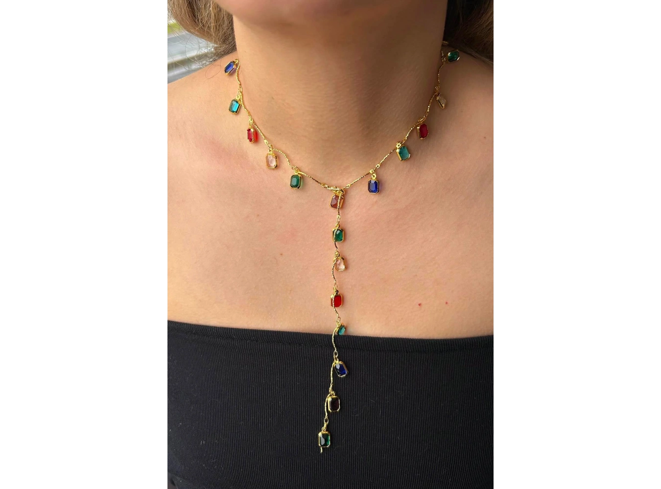 Altın Renk Taşlı Çelik Y Kolye