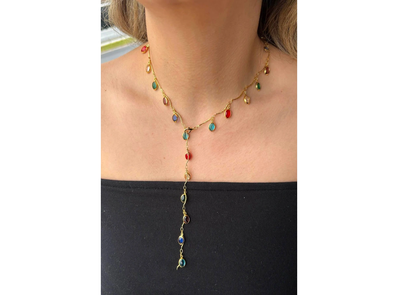 Altın Renk Taşlı Çelik Y Kolye