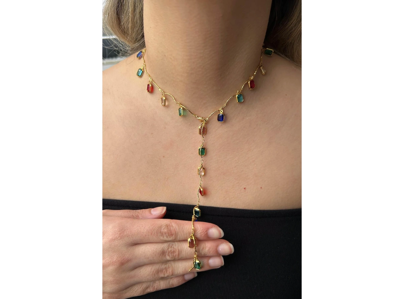 Altın Renk Taşlı Çelik Y Kolye