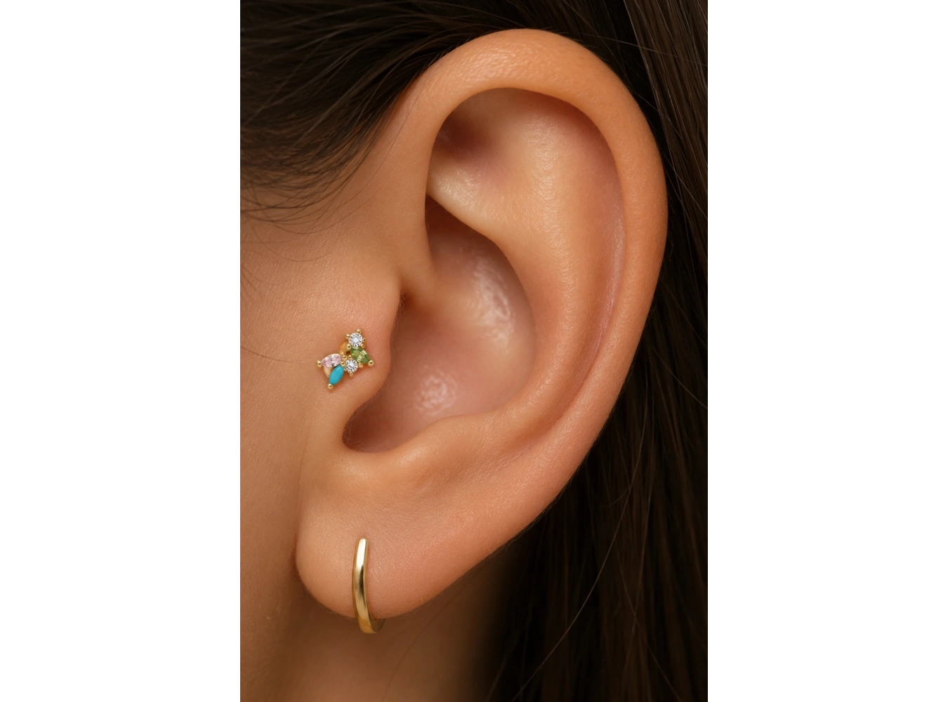 Altın  Renk Taşlı Cerrahi Çelik Tragus/Kıkırdak Küpe/Piercing (Tek)