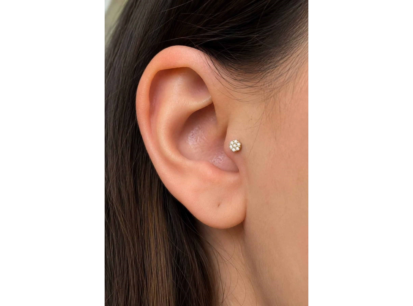 Altın Renk Taşlı Cerrahi Çelik Tragus/Kıkırdak Küpe/Piercing (Tek)