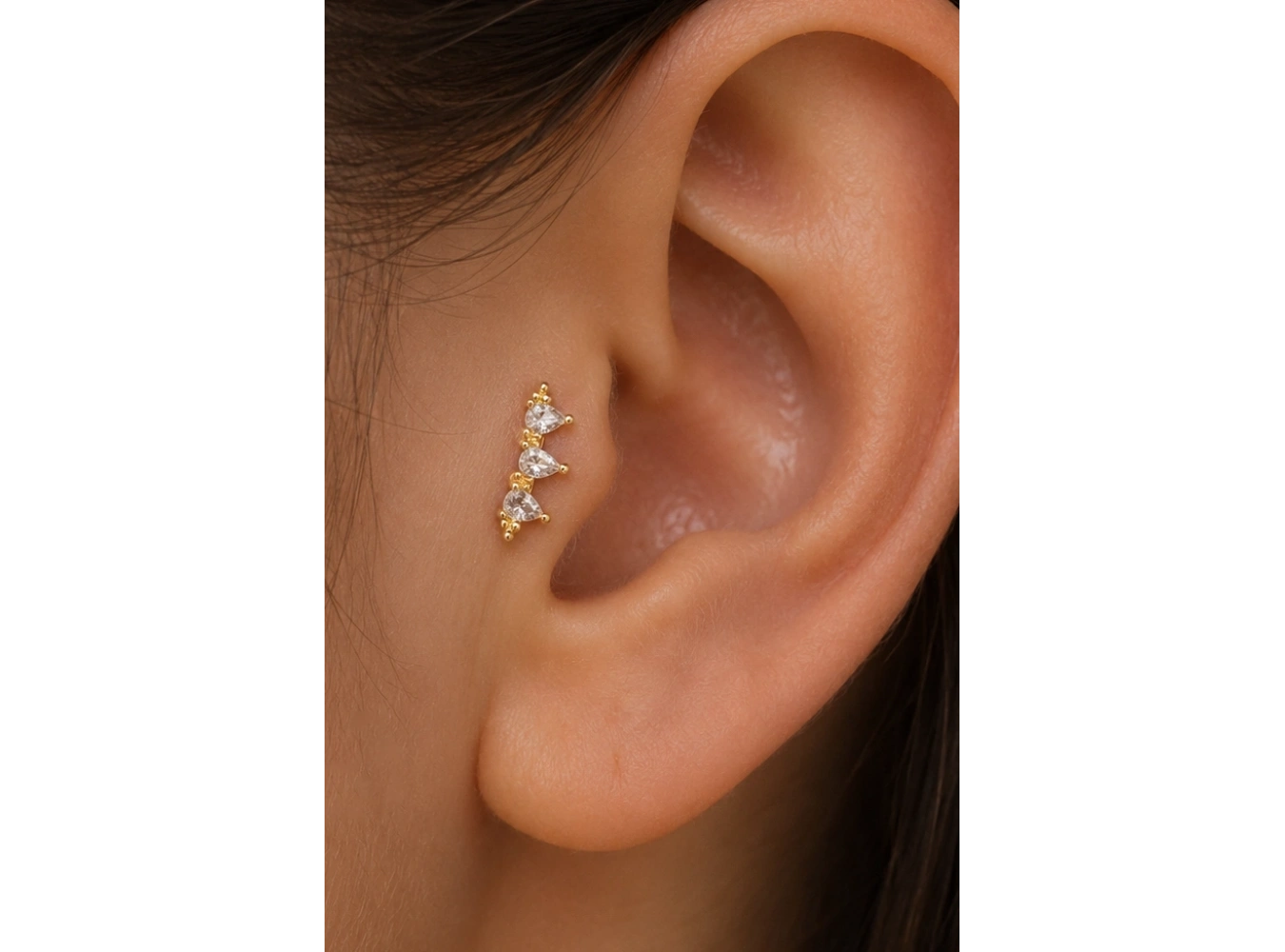 Altın Renk Taşlı Cerrahi Çelik Tragus/Kıkırdak Küpe/Piercing (Tek)