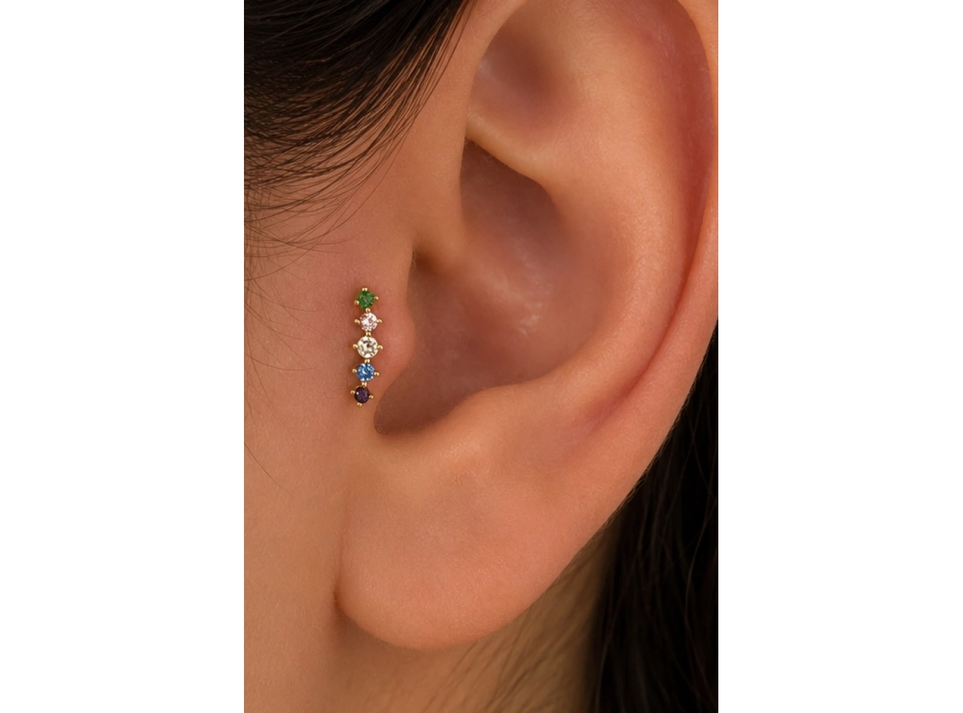 Altın Renk Taşlı Cerrahi Çelik Tragus/Kıkırdak Küpe/Piercing (Tek)