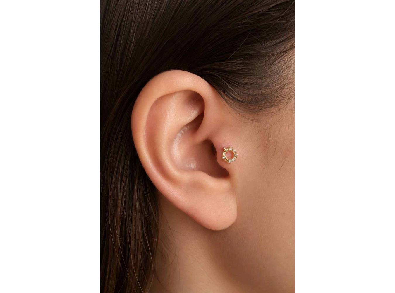 Altın Renk Taşlı Cerrahi Çelik Tragus/Kıkırdak Küpe/Piercing (Tek)