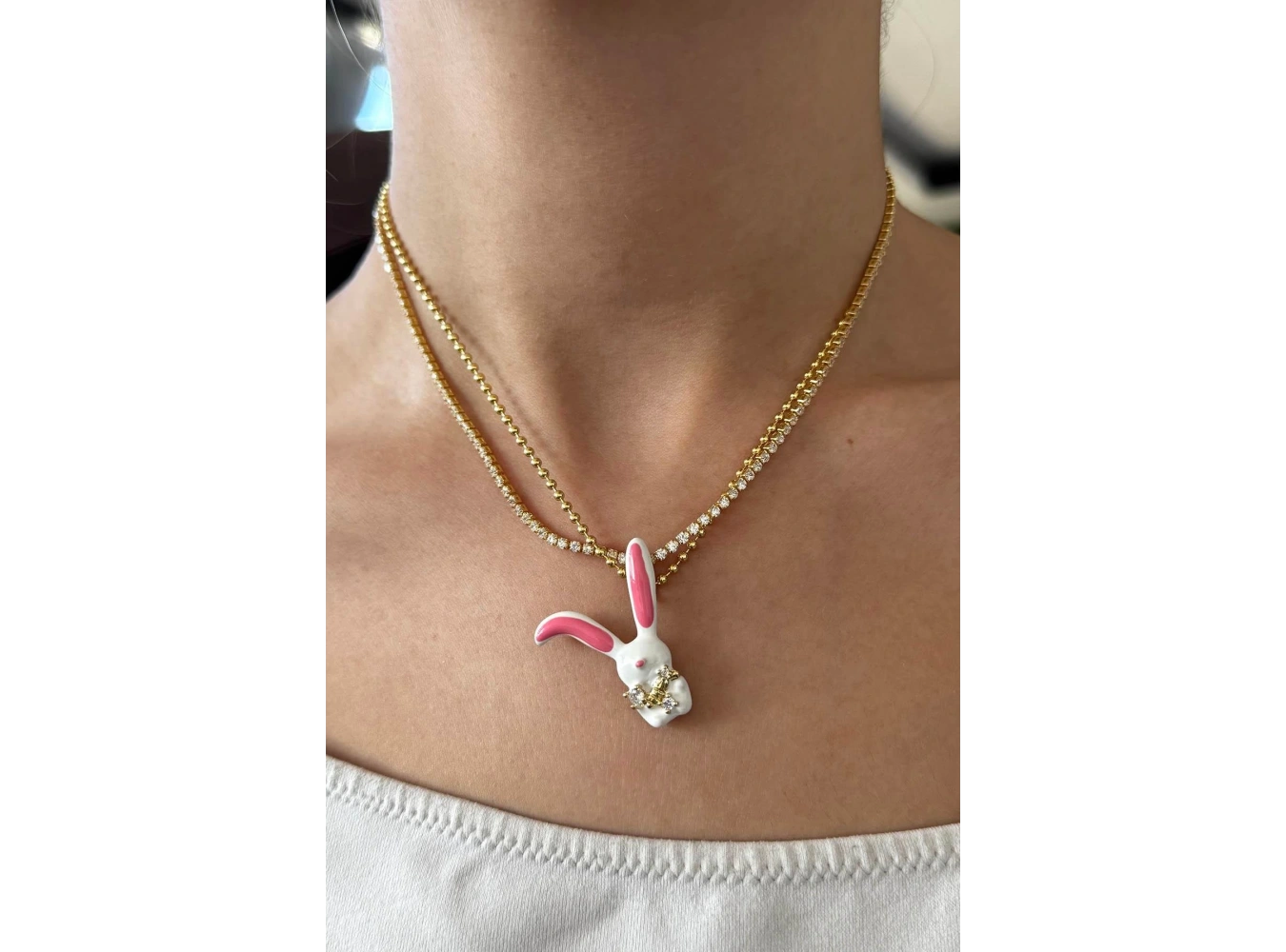 Altın Renk Tavşan Figürlü Taş Detaylı 14K Altın Kaplama TX Kolye