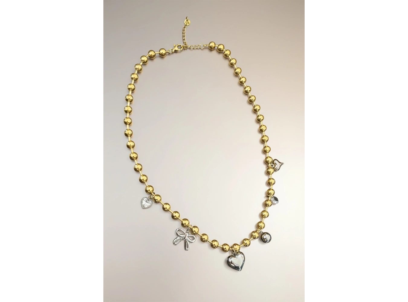 Altın Renk Top Zincir Detaylı Karışık Charmlı Çelik Kolye