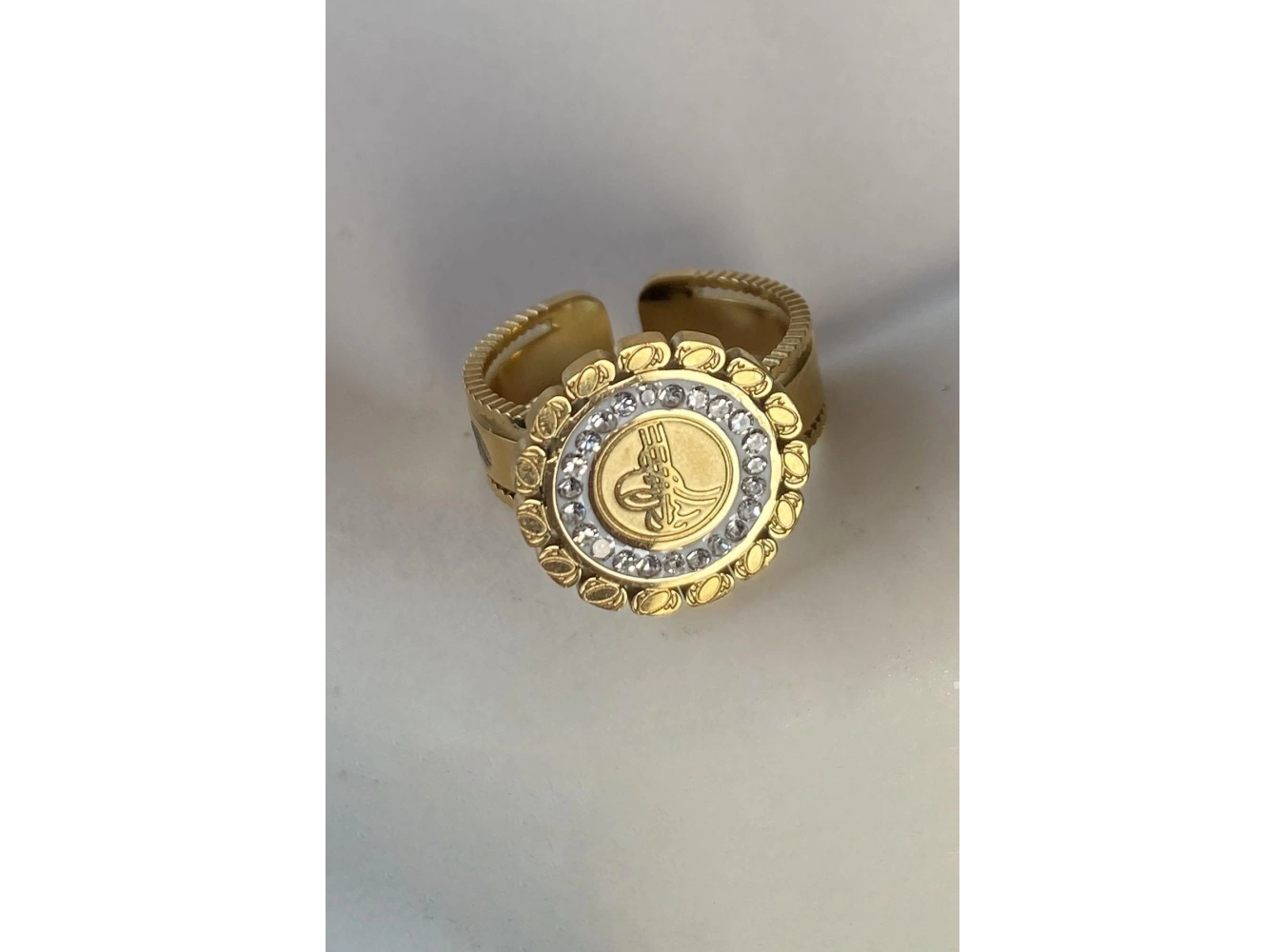 Altın Renk Tuğra Figürlü Ayarlanabilir Çelik Yüzük