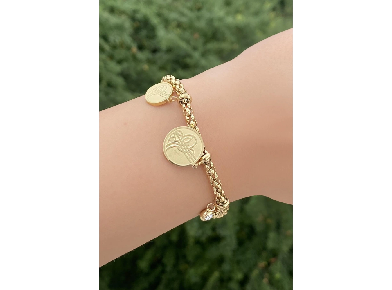 Altın Renk Tuğra Figürlü Taş Detaylı Çelik Bileklik