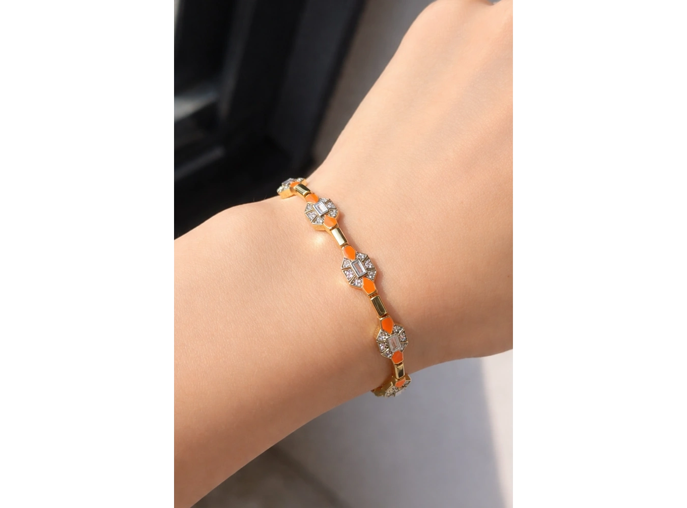 Altın Renk Turuncu Mineli 14K Altın Kaplama Taşlı Bileklik