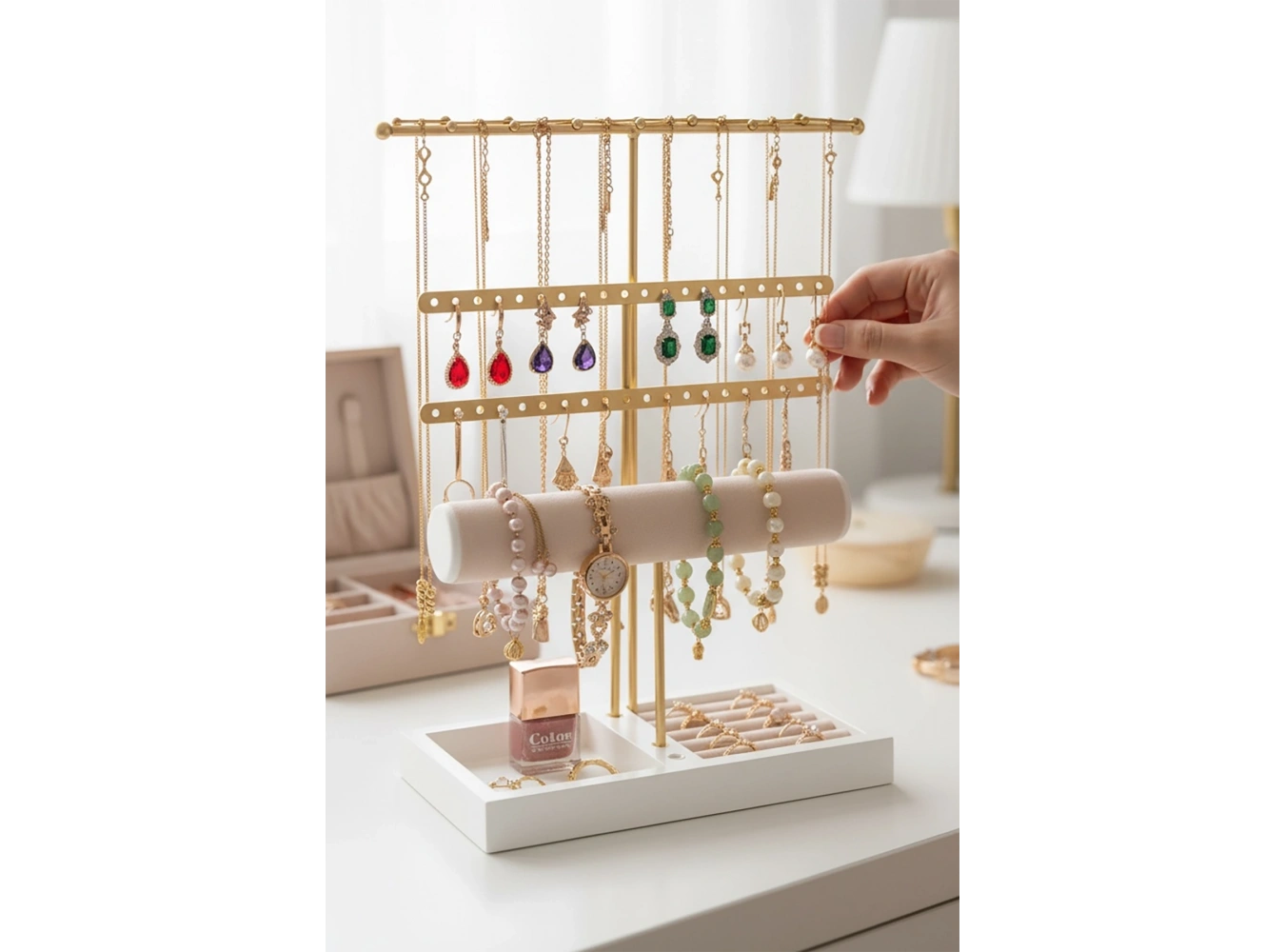 Altın Renk Üç Katlı Saat/Bileklik Takı Standı