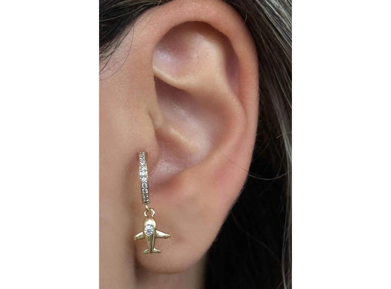Altın Renk Uçak Figürlü Çelik Tragus/Kıkırdak Küpe/Piercing (Tek)