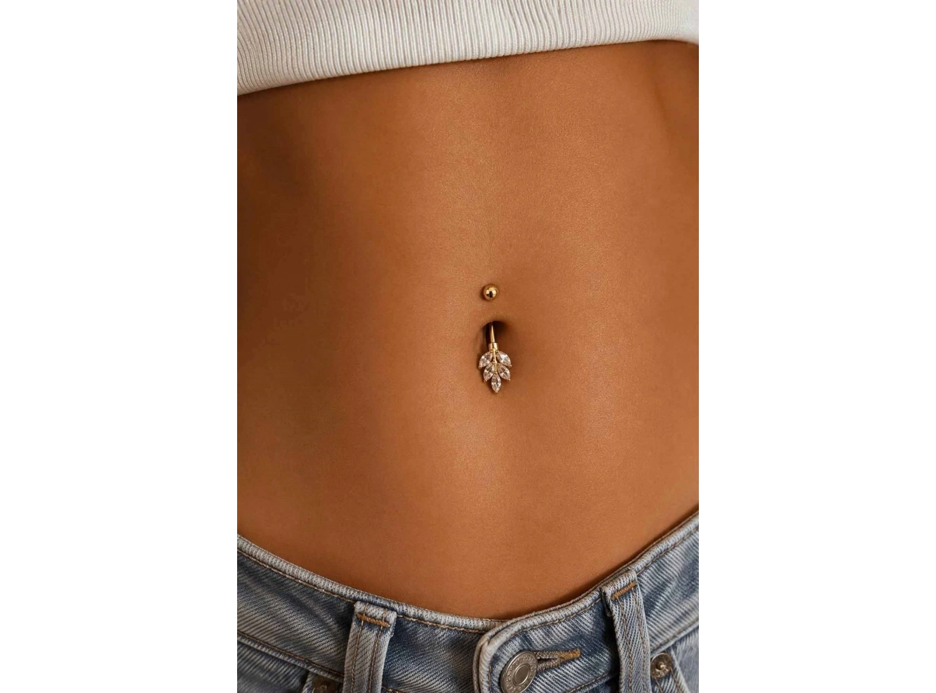 Altın Renk Yaprak Figürlü Taşlı Cerrahi Çelik Göbek Piercing