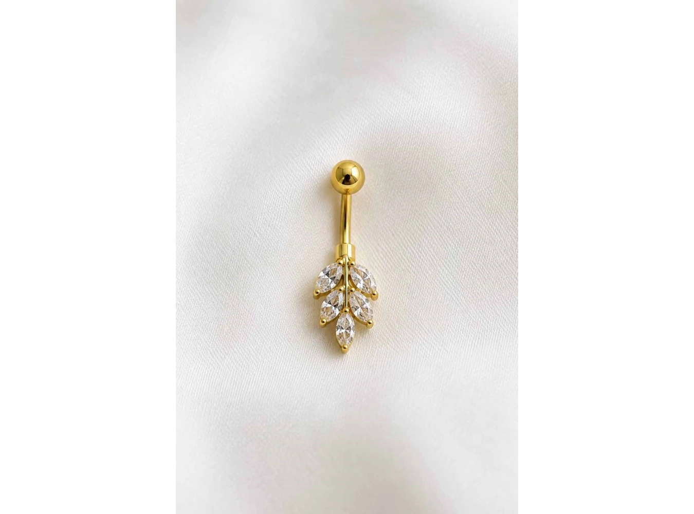 Altın Renk Yaprak Figürlü Taşlı Cerrahi Çelik Göbek Piercing
