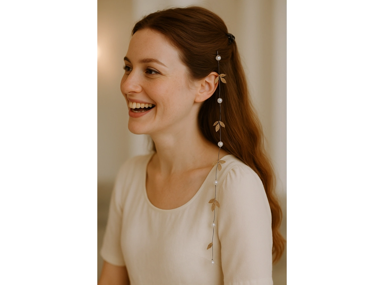 Altın Renk Yaprak Ve İnci Detaylı Çıtçıtlı Saç Aksesuarı