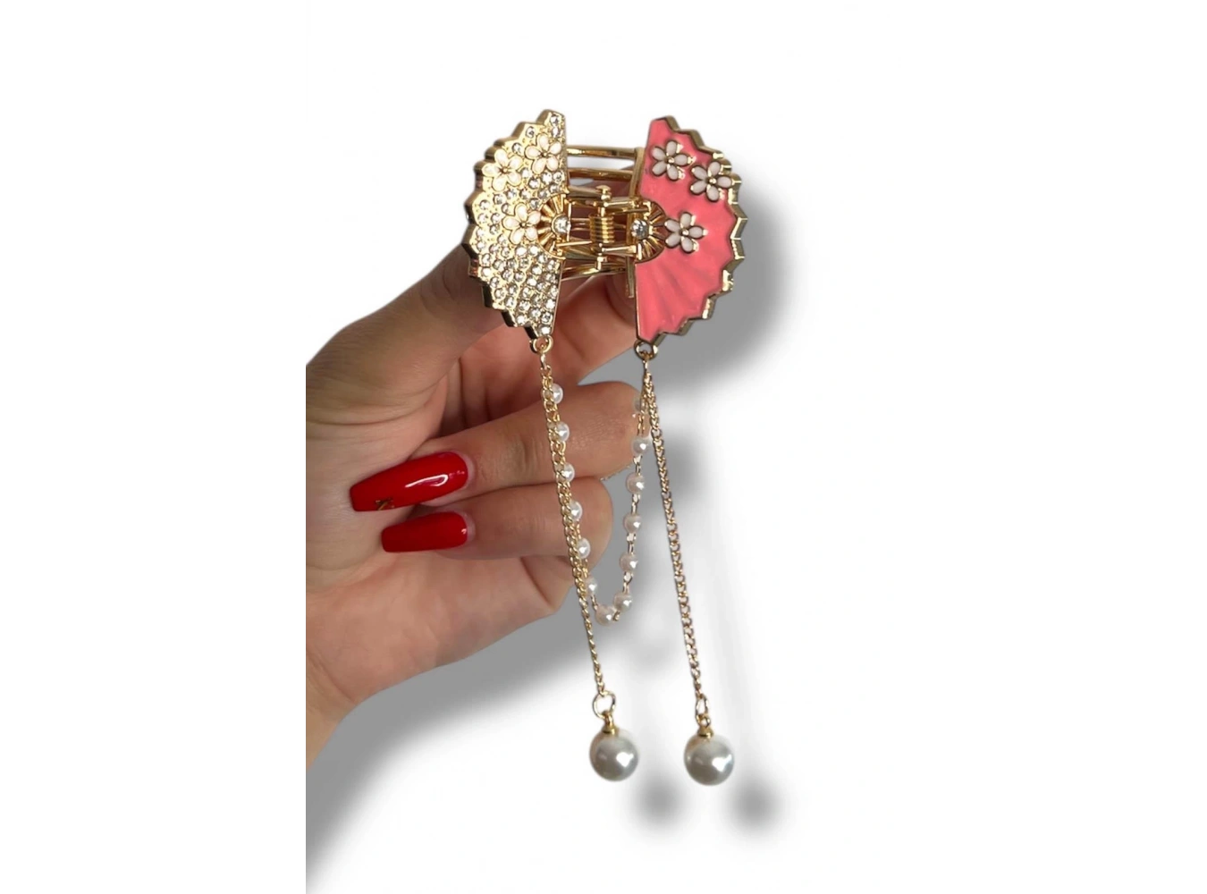 Altın Renk Yelpaze Figürlü Taş Ve İnci Detaylı Metal Mandal Toka