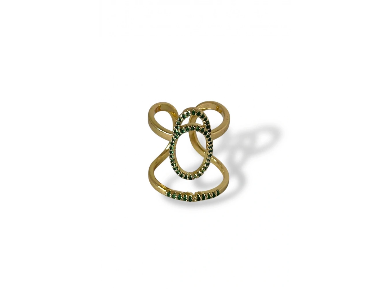 Altın Renk Yeşil Taş Detaylı Ayarlanabilir Çelik Yüzük